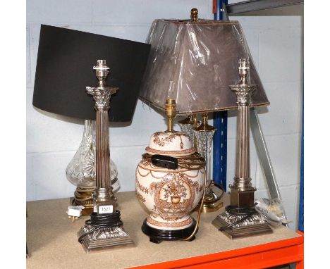 A Pair of Modern Silvered Tablelamps, of Corinthian column form, 43cm to fitting, together with a glass and gilt metal tablel