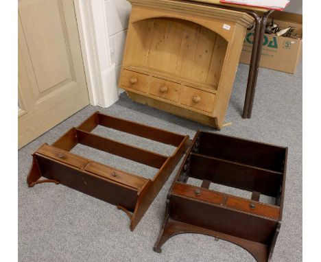 A Three Tier Georgian Mahogany Hanging Wall Shelf, a similar example and a pine kitchen shelf with spice drawers (3) 
