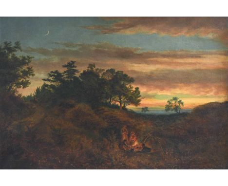 Follower of Henry John Boddington (1811-1865) Figures around a campfire at dusk Indistinctly signed, oil on canvas, 62cm by 9
