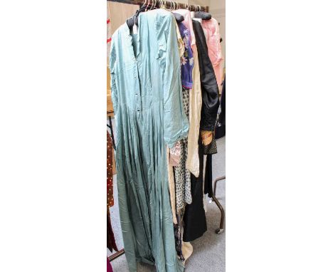 Assorted 20th Century Costume comprising an early Jaeger green silk long sleeve dress, 1950s cream silk brocaded shift dress,