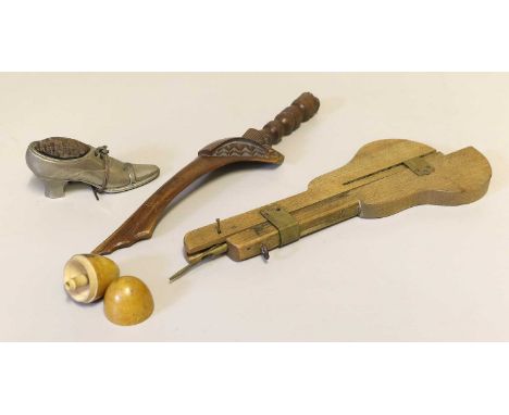 19th Century and Later Sewing and Knitting Items comprising a knitting stick with turned handle, incised and chip carved deco