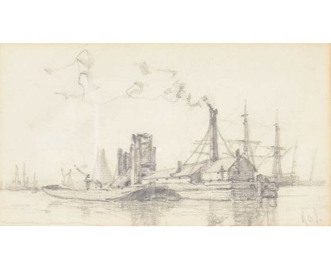 Robert Bagge-Scott (1849-1925)Sketch of boats in a dockyardSigned, pencil, 11.5cm by 20cm; together with a collection of misc