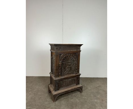 Antique Wooden Slot or Roulette Machine Stand with Shelves and Door. Intricately carved wooden details, some of the smaller w