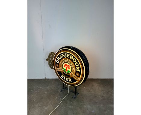 Dutch Oranjeboom Pilsener Beer Double Sided Light-Up Sign. In a working condition, uses 220V power, EU plug. Dimensions (H x 