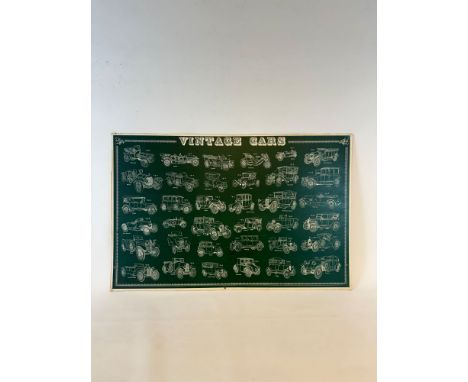 Large poster Vintage Cars with pressed cardboard backing. Overall fair condition, some air bubbles from when the poster was g