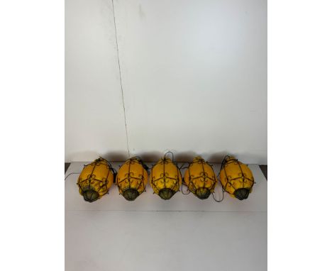 Lot of 5 Venetian Style Caged Glass Pendant Lamps. Vintage ca. 1960s-1970s, hand blown, opaque glass (possibly Murano glass),