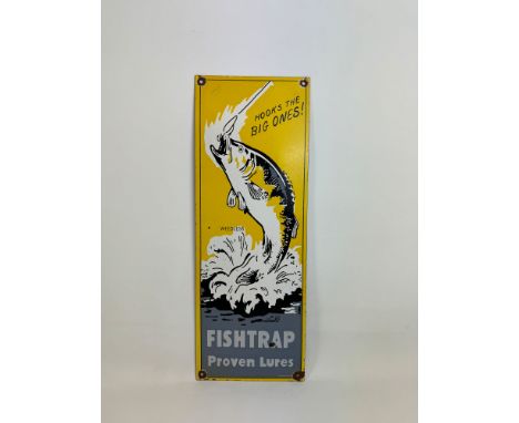 USA Fishtap Proven Lures enamel sign. Overall very good condition, some enamel loss on edges and around, a spot of enamel los