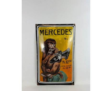 1950s Mercedes Shoes enamel sign. Overall good condition, enamel loss in two spots and around edges and mounting holes, shows
