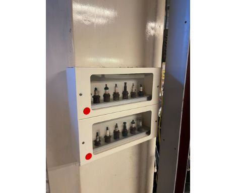 Metal wall mounted display case with 12 vintage spark plugs. Dimensions (H x W x D): 34 x 40 x 10 cm. Condition: Very Good. L