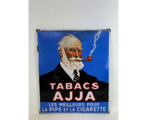 1936 Ajja Tabacs enamel sign. Overall good condition, 2 spots of enamel loss, enamel loss and cracking on edge. O. WARLAND. A
