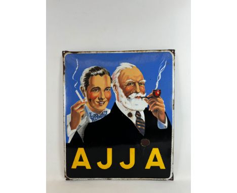 Ajja enamel sign ca. 1950s. Overall fair condition, 3 spots of enamel loss, one of the mounting holes is broken. O. WARLAND. 