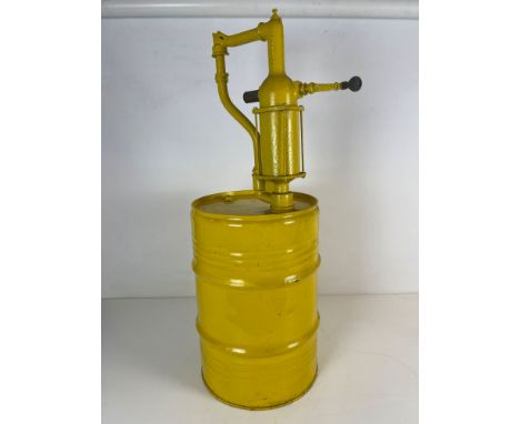 Lot of repainted vintage oil barrel with pump and Yacco sticker &amp; a 1l Pressol mineral oil can. Dimensions (H x W x D): 1