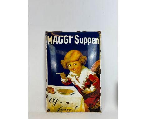 Maggi Suppen enamel sign. Overall fair condition, discoloration, yellowing, enamel loss on edges around mounting holes and on