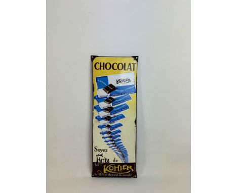 Chocolat Kohler enamel sign. Overall good condition, enamel loss on edges/corners and a spot of enamel loss, some cracks and 