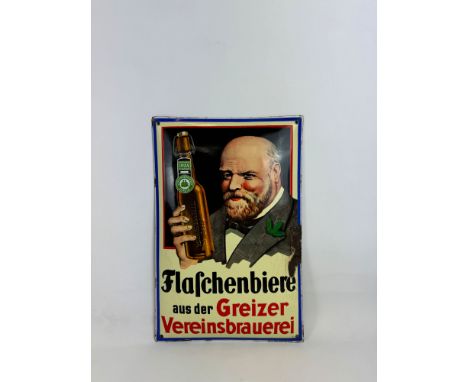 Flaschenbiere aus der Greizer Vereinsbrauerei enamel sign. Overall good condition, shows some cracks and loss of email on one