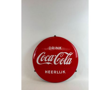 Original Dutch Round Coca-Cola Enamel Sign. Very good condition, just a small spot of damaged enamel. "Langcat" Bussum, Nethe
