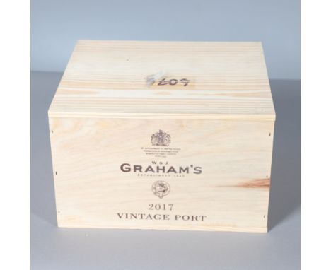 Six bottles of Graham's Vintage Port 2017, 750ml bottles and in an unopened wooden case. Case 33cms by 29cms *Part of a large