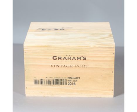 A set of 6 bottles of Graham's Vintage Port 2016, 750ml and in an unopened wooden case. Case 32cms by 28cms *Part of a large 