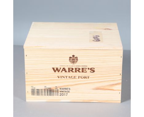 A set of six bottles of Warre's Vintage Port 2017, 750ml and in an unopened wooden case. Case 33cms by 29cms *Part of a large