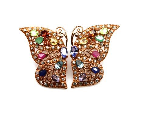 A pair of 925 silver rose gold gilt butterfly shaped earrings set with ruby, amethyst, topaz and other gemstones, L. 3.4cm.