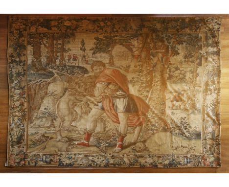 A Brussels mythological tapestry,The Labours of Hercules (4): Hercules wrestling with the Nemean Lion,probably mid-16th centu
