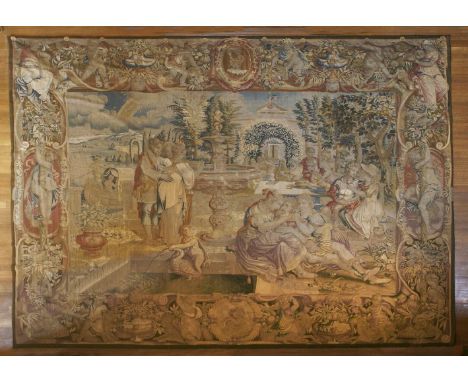 A Florentine allegorical tapestry: spring, early 17th century, after Alessandro Allori, with three figures singing by a fount