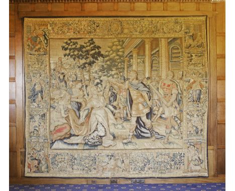 A Flemish historical tapestry,The Story of Julius Caesar,(3), probably 16th century, depicting Cleopatra kneeling in homage t