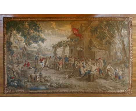 A Brussels Teniers tapestry, of the Kermesse,mid-18th century, woven in blues, reds and verdure tones with groups of peasants