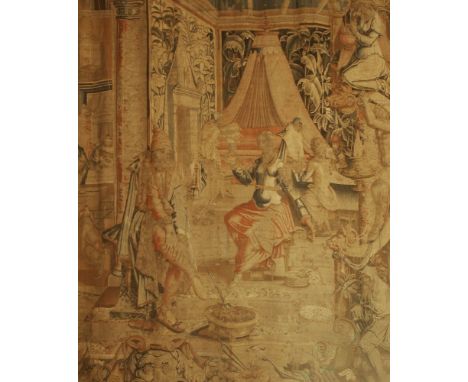 A Florentine allegorical tapestry, emblematic of winter, early 17th century, after Alessandro Allori, depicting a tapestry-hu