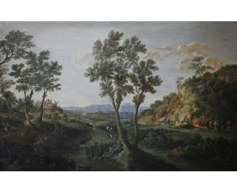Flemish School, late 17th centuryA SOUTHERN RIVER LANDSCAPE WITH A GROUP OF PEASANTS DANCING AND PLAYING MUSIC, AND CATTLE WA