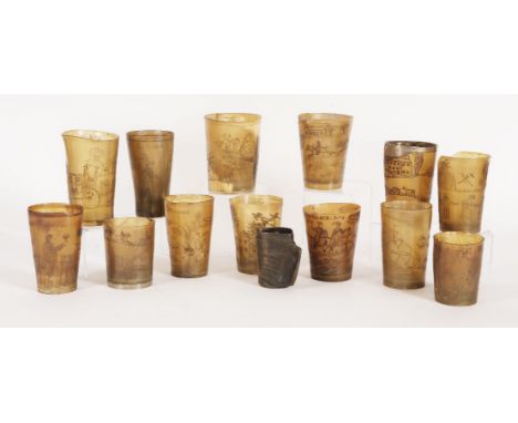 Thirteen horn tumblers,18th/19th century, all with engraved or scratch carved scenes, including hunting and fishing, one date