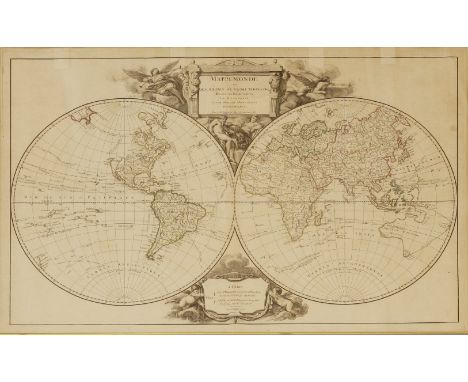 Robert De Vaugondy,'Mappe Monde ou Carte Generale du Globe Tierrestre...',1752, with hand-coloured outlines,50 x 71.5cm