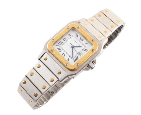 A gent's Cartier Santos steel and yellow gold bracelet watch , square white dial, roman numerals, date window to 3 'o' clock,