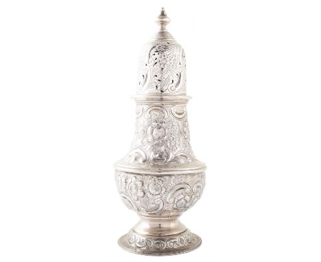 A large silver sugar caster by Carrington &amp; Co, baluster body with embossed floral decoration on pedestal foot, pull-off 