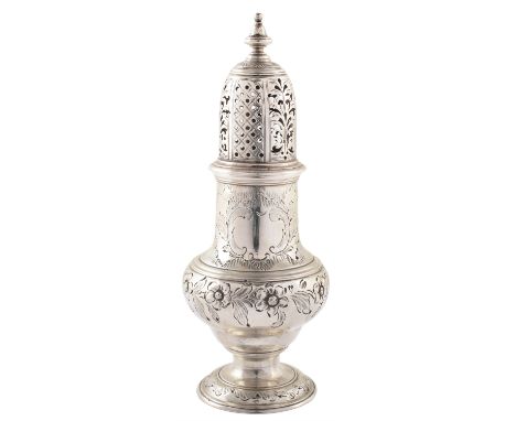 A Georgian silver sugar sifter, baluster form body with engraved floral decoration on pedestal foot, pull-off lid with pierce