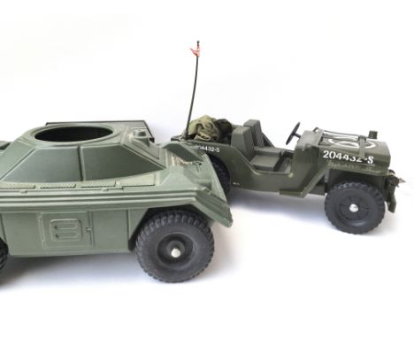 An Action Man Jeep with Trailer And A Armoured Car. (3)