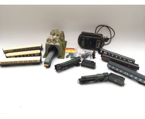 Collection of trains - coaches - controller - colour light signal and switch.