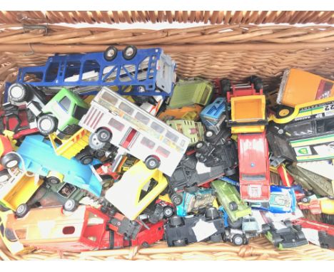 A Basket Containing a Collection of Playworn Diecast. Including Corgi. Matchbox.etc.