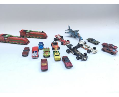 Pair of tin trains.Collection of cars including Corgi and hot wheels.