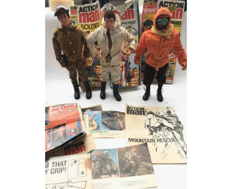 A Collection of 3 Vintage action men with Boxes.(boxes are warn) also with Manuals and posters.