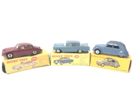 3 X Boxed Dinky Cars Including Jaguar 3.4 Saloon #195. Mercedes Benz 220 SE #186 and 2 CV Citroen #535.