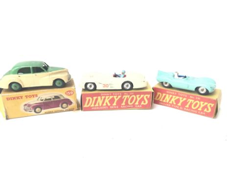 3 Boxed Dinky Cars. A Morris Oxford Saloon #159. A Mercedes Benz Racing Car #237 and A Jaguar Type D Racing Car #238.