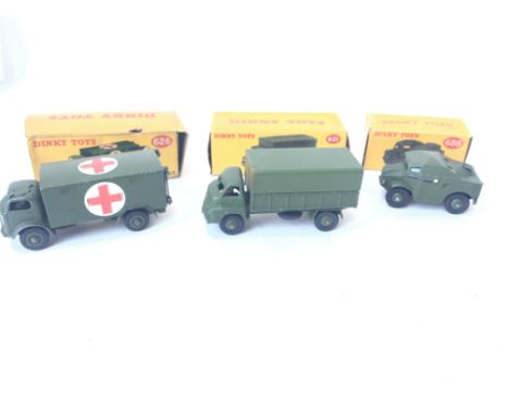 3 X Boxed Dinky Toys Including Military Ambulance #626. 3-Ton Army Wagon #631 and Feild Artillery Tractor #688.