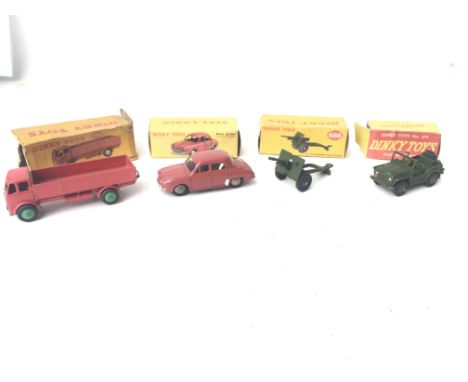 4 X Boxed Dinky Toys including Forward Control Lorry #420. Renault Dauphine #524. 25- Pounder Field Gun #686 and a Austin Cha