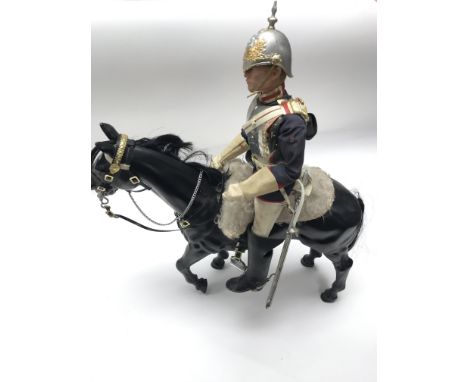 A Vintage Action Man in Blues and Royals Uniform, and Horse with Full Dress Saddle.( Damage to Helmet).