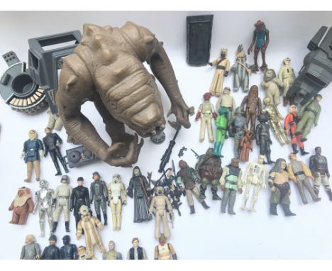 A Box Containing a Collection Of Mostly Vintage Star Wars Figures. A Rancor Monster and Other parts/ accessories.