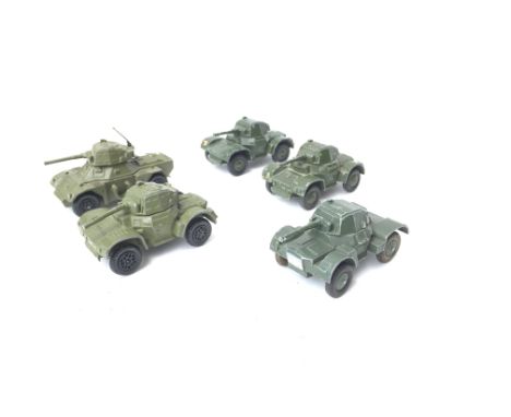 4 X Playworn Dinky Armoured Cars and one other (unmarked).