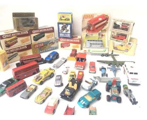 A Box Containing A Collection of Atlas Great British Buses. Days Gone. A Dinky Action Set and Various Playworn Diecast.