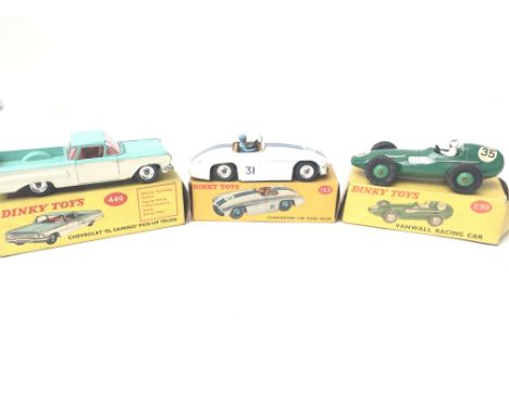 3 X Dinky Toys including Chevrolet El Camino pick-up Truck #449. Cunningham C-5R Road Racer #153 and Vanwall Racing Car #239.