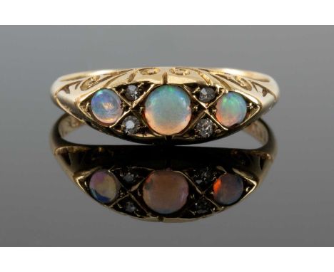 ANTIQUE 18CT GOLD OPAL & DIAMOND CHIP RING, the shank engraved with initials and date '2/4/07', ring size M 1/2, 2.2gms in J.